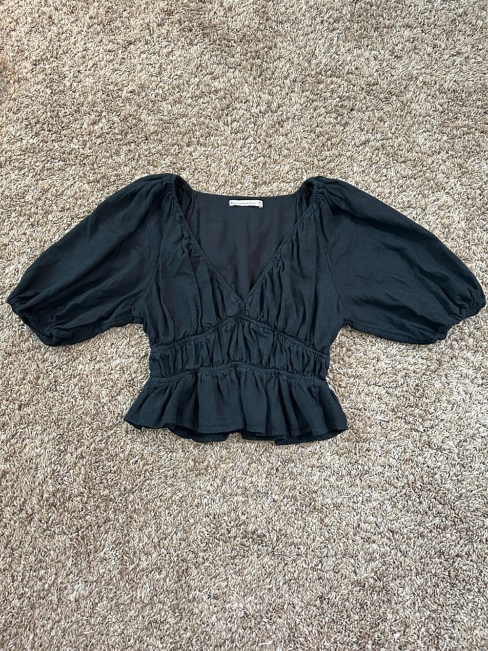 Abercrombie & Fitch Black Peplum V-Neck Puff Sleeve Top